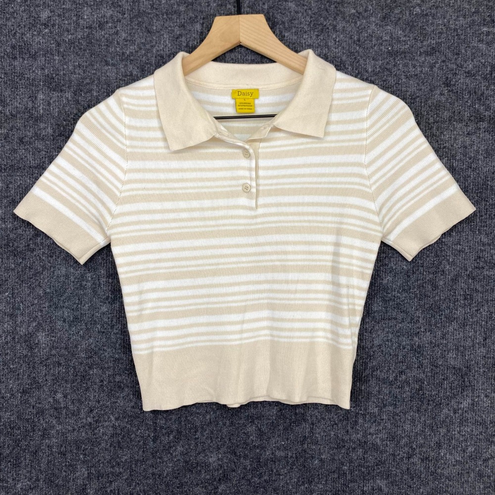 Daisy Cream Striped Short Sleeve Ribbed Knit Polo Sweater Crop Top Large